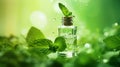 Mint essential oil in a small bottle with fresh mint leaves on green background Generative AI