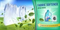 Mint fragrance fabric softener gel ads. Vector realistic Illustration with laundry clothes and softener rinse container. Horizonta