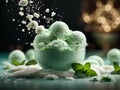 Delicious Mint gelato ice cream, floating, refreshing frozen dessert. Cinematic advertising photography