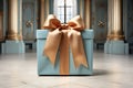 Mint gift box with beige bow in antique interior. Generative AI