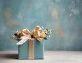 Mint gift box with beige bow on mint background. Generative AI