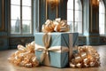 Mint gift box with beige bows in antique interior. Generative AI