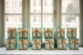 Mint gift boxes with beige bow on background of the window. Generative AI