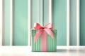 Mint gift boxes with pink bows on mint background. Generative AI