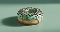 A mint-glazed donut sprinkled with chocolate chips, isolated on a cool green background. Royalty Free Stock Photo
