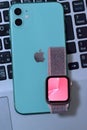 Mint Green color iPhone 11 with apple watch
