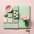 Mint green macaroons with pink peony flower. Mood board flat lay. Generative AI