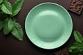 Mint Green Monochrome Plate On Chocolate Background, Top View. Generative AI