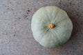 Mint green pumpkin on grey background, top view. Space for text. Autumn season vegetables, fall harvest. Healthy organic food.
