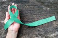 Mint green ribbon awareness for Genetic Disorder, Ivemark Syndrome, Congenital hepatic Fibrosis with bow on hand