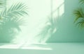 Mint green studio with palm leaf shadows and window light. Empty minimalist backdrop for product display. Natural light creates Royalty Free Stock Photo