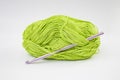 Mint green thread spool with purple crochet hook