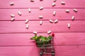 Mint gum, mint and small cart on pink wooden background Royalty Free Stock Photo
