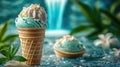 Mint ice cream cone with whipped cream in tropical setting Royalty Free Stock Photo