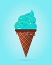 Mint ice cream in waffle cone, dairy product. Ice cream scoop image in flat style. Vector illustration. Royalty Free Stock Photo