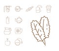 Mint leafs and bundle of tea set line style icons