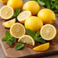Mint leaves Mentha are placed around the lemons adding a touch of Royalty Free Stock Photo