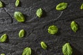 Mint leaves on stone table and water drops. Top view with copy space Royalty Free Stock Photo