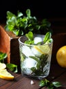 Mint with lemon citrus cocktail or mocktail with ice in glass on dark moody vintage wooden background Royalty Free Stock Photo