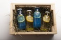 Mint, lemon and ginger mix in glass bottle in wooden box Royalty Free Stock Photo