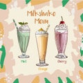 Mint, Orange and Cherry Milkshake set recipe. Menu element for cafe or restaurant with milk fresh drinks collection. Fresh Royalty Free Stock Photo