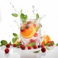 Mint and orange In one glass, Fruit splashes of juice. Royalty Free Stock Photo