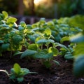 Mint plants grow at the vegetable garden. Generated AI