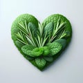 mint and rosmary herb leaves heart shape isolated on white background