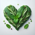 mint and rosmary herb leaves heart shape isolated on white background