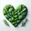 mint and rosmary herb leaves heart shape isolated on white background