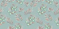 Mint seamless pattern with creative tiny branches, shapes olives berries. Vector hand drawn. Simple pastel green background