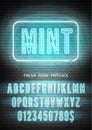 Mint sign and blue neon narrow bold font with numbers on vector dark brick wall background. Bright night light alphabet