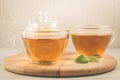 Mint tea in glass with lemon/two tea with galss, lemon and leaves of mint on a wooden tray