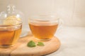 Mint tea in glass with lemon/two tea with galss, lemon and leaves of mint on a wooden tray. Selective focus