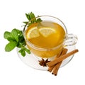 Mint tea. Green tea hot drink in glass Cup with saucer and healthy peppermint leaf, lemon, cinnamon spice isolated on white