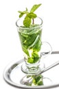 Mint tea on white background with metal spoon, delicious mint tea