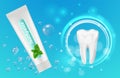 Mint toothpaste background. Vector dental poster design. Realistic toothpaste tube and teeth