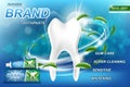 Mint toothpaste concept ads, isolated on blue. Tooth model and product package design for toothpaste poster or