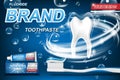 Mint toothpaste concept, isolated on blue. Tooth model and product package design for toothpaste poster or advertising