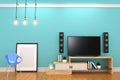 Mint wall on orange floor with smart tv on carbines, frame and lamp design. 3D rendering