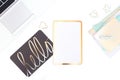 Mint White and Gold Styled Desktop on White Desk Royalty Free Stock Photo