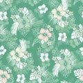 Mint and White Tropical Exotic Foliage and Hibiscus Floral Vector Seamless Pattern. Line Drawing Background. Royalty Free Stock Photo