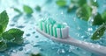 Minty Fresh Toothpaste on a Toothbrush With Water Droplets and Mint Leaves in a Clean Space Royalty Free Stock Photo