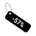 Minus 57 fifty seven percent discount sale label tag. Flat coupon sticker icon