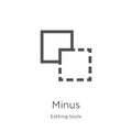 minus icon vector from editing tools collection. Thin line minus outline icon vector illustration. Outline, thin line minus icon