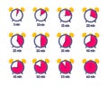 Minutes countdown on analog clock face flat style design vector illustration icon sign set isolated on white background.