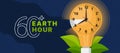 60 minutes plu,s Earth hour - Light bulb with the lights go out between 8 to 9 pm and leafs around on dark night background vector