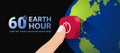 60 minutes plus, Earth hour - Finger touch red turn off button on world global and dark blue background vector design Royalty Free Stock Photo