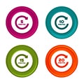 5, 10, 15 and 20 Minutes rotation icons. Timer symbols. Colorful web button with icon