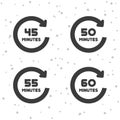 45, 50, 55 and 60 Minutes rotation icons. Timer symbols.